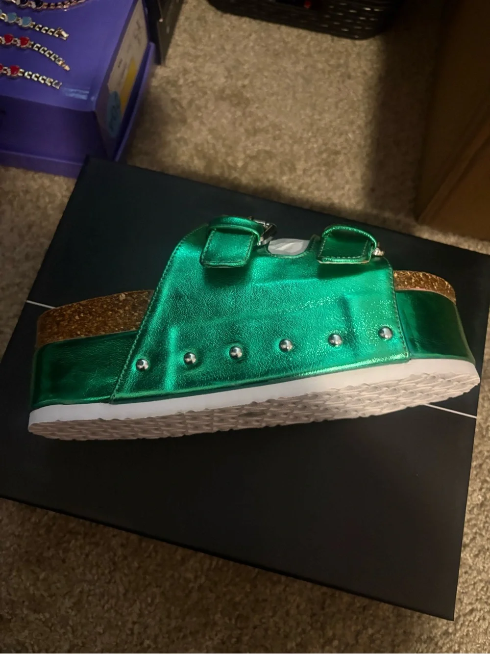 Metallic Green Slide Sandals with Buckles